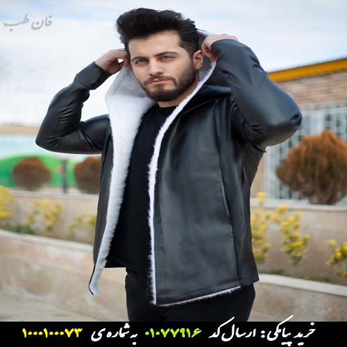 هودی چرم لبه خز مردانه مدل Noyan (مشکی)